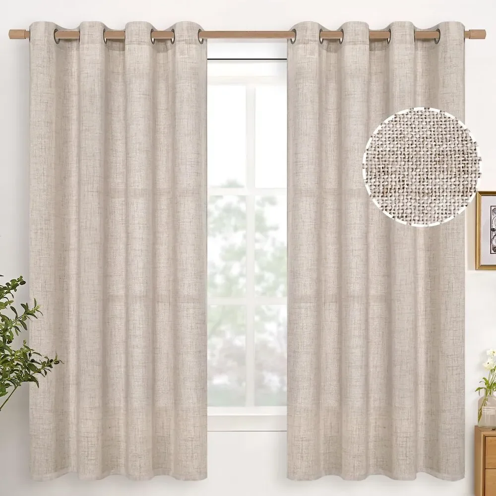 Set of 2, 52 X 63 Inch Linen Semi Sheer Curtains Light Filtering, Bronze Grommet